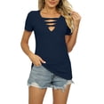 thumbnail image 1 of Tops de verano para mujer, camisa informal ajustada con cuello en V y manga corta de Color puro con diseño recortado para fiesta, oficina y viajes, 1 of 6