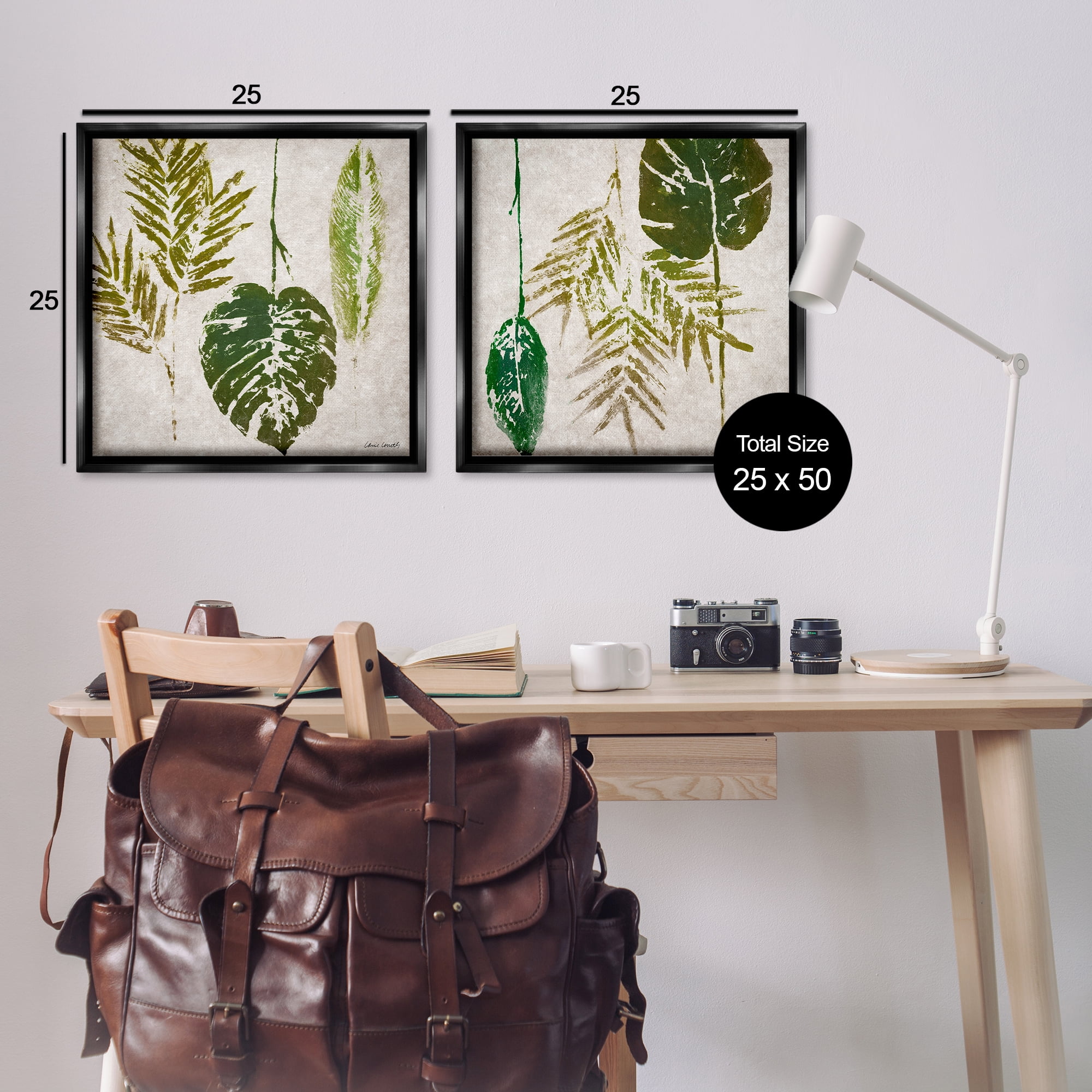 Stupell Industries Monstera Stamped Palm Leaves Plants & Flowers Painting Black Floater Framed Canvas Art Print Wall Art, 25 x 25, Set of 2
