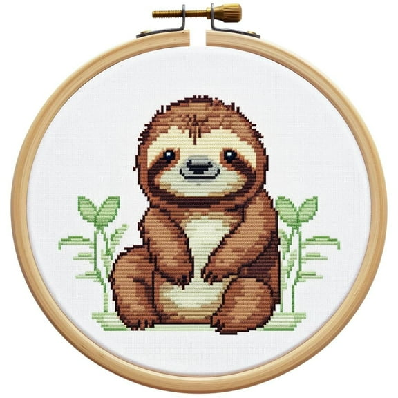 Cartoon Simple Figure Sloth 11CT Stamped Cross Stitch Kits with Hoop Easy for Beginners Child Needlepoint Counted Embroidery Kits Art Craft Wall Decor 12x12IN(1)