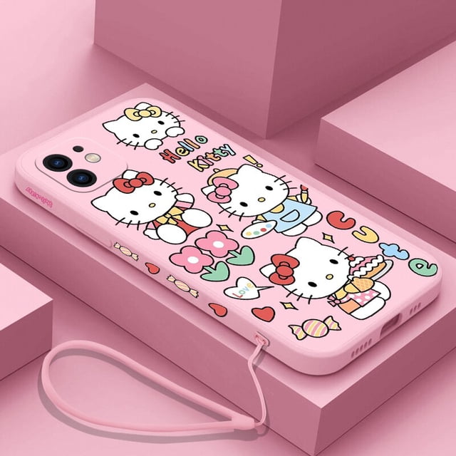 Sanrio-funda de teléfono de Hello Kitty para iPhone, carcasa de silicona con cordón para modelos 14, 13, 12, 11 Pro Max, Mini, X, XR, XS MAX, SE 2020, 8, 7 Plus zhangmengya LED