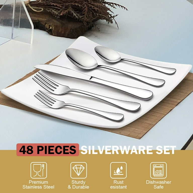 48 Piece Silverware Set Stainless Steel Flatware Serving Set