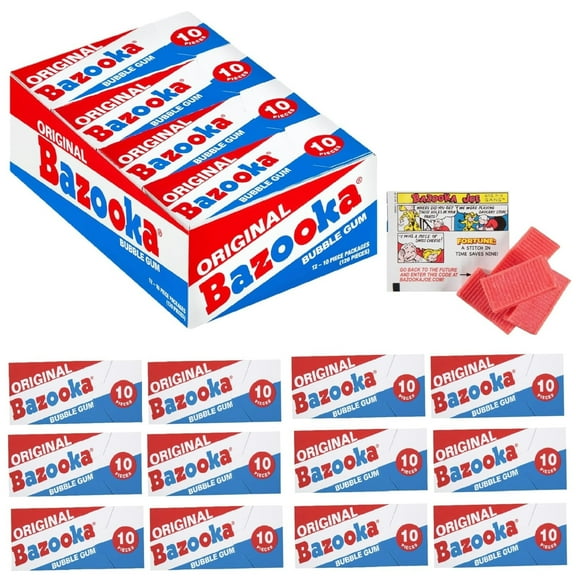 Bazooka Bubble Gum Individually Wrapped Chewing Gum in Original Flavor 10 Piece Mini-Wallet Packs with Comics, Display Tray of 12 Packs