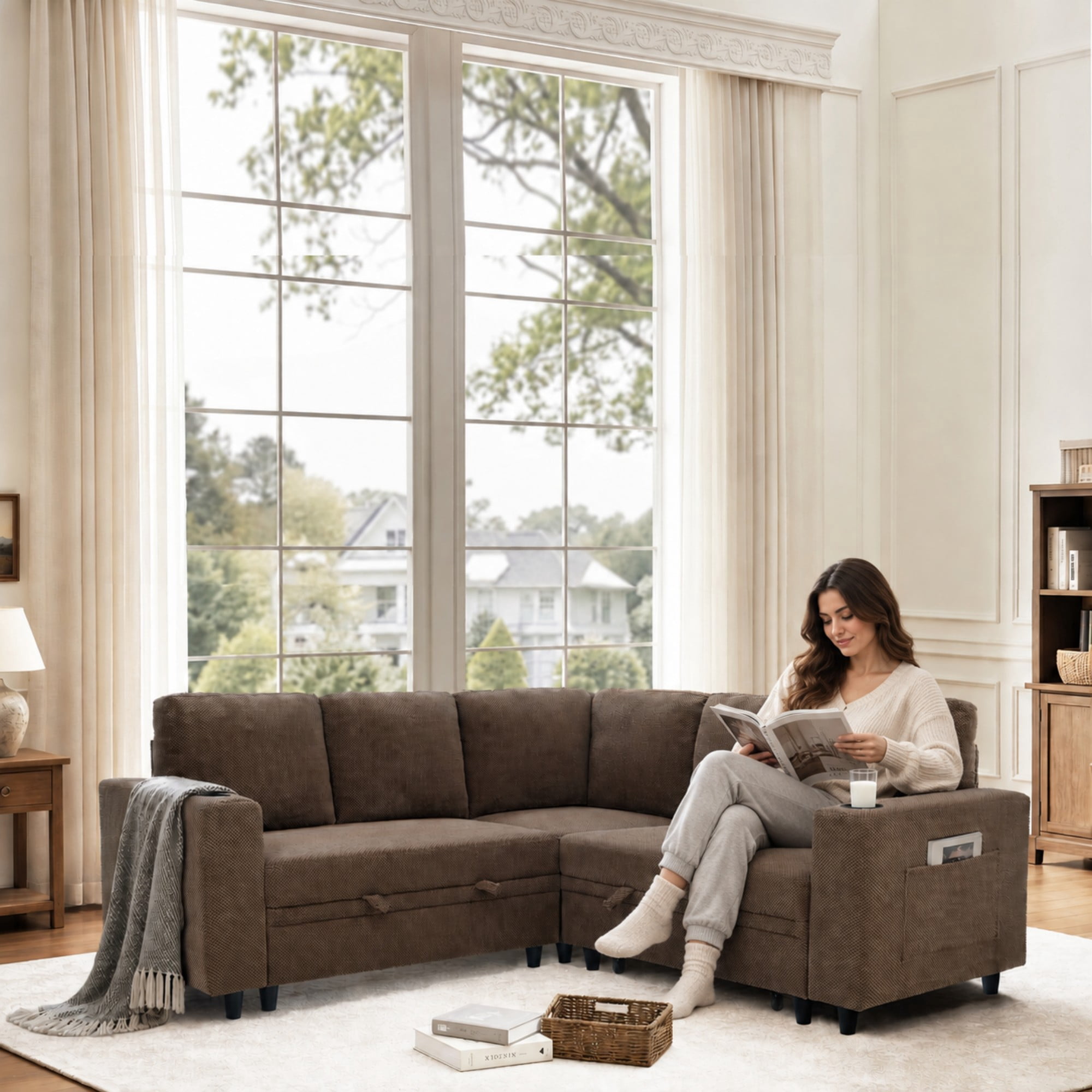 BSHTI 76.5" Polyester L-Shaped Sectional Sofa Bed with Hidden Storage, Cup Holders, Side Pockets, Pull-Out Design for Living Room(Coffee)