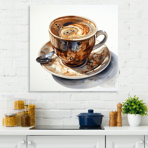 Designart "Tempting Brown Watercolor Espresso III" Food & Beverage Wall Art - Traditional Brown Coffee Bedroom Canvas Wall Art