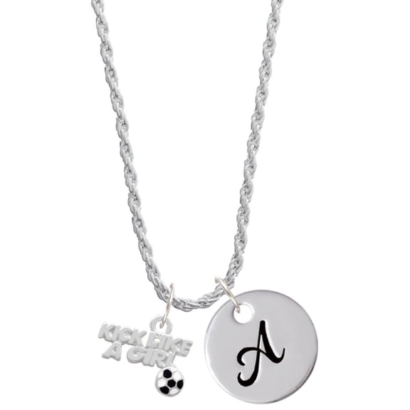 Delight Jewelry Silvertone Kick Like a Girl with Enamel Soccer Ball Silvertone Script Initial Disc - A - Charm Necklace, 20" 3"