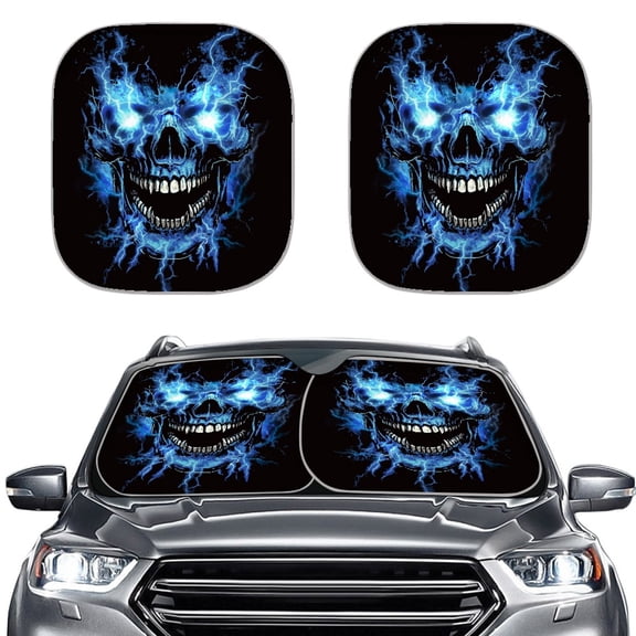 Pzuqiu Car Windshield Sun Shade with Blue Lightning Skull, Two Piece Set for Vehicle Sun Protection and Interior Cooling