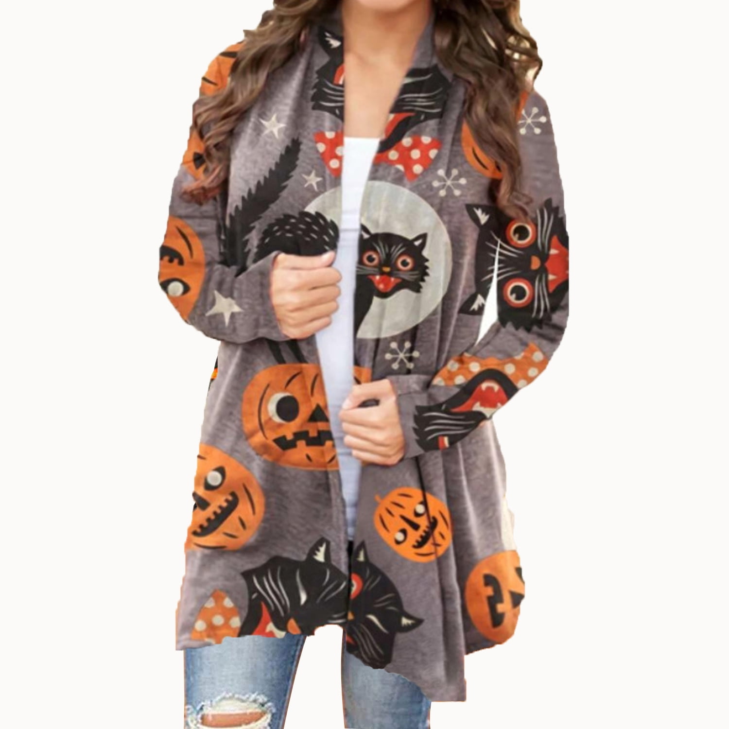 Womens Halloween Pumpkin Print Open Front Cardigan Long Sleeve Soft Knit Sweater Chunky Outwear