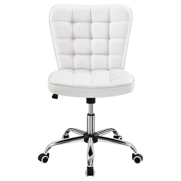 Alpinel Armless Desk Chair Modern Tufted Office Chair Faux Leather Upholstered Computer Chair with Adjustable Seat Height and Rolling Wheels for Home/Office, White