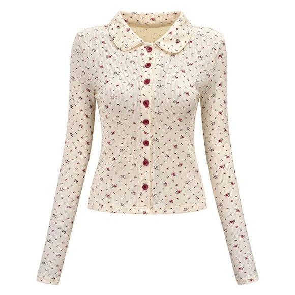 Women Button Up Shirt Apricot Color Turn Down Collar Flower Prints Breathable Women Long Sleeve Blouse for Party Summer