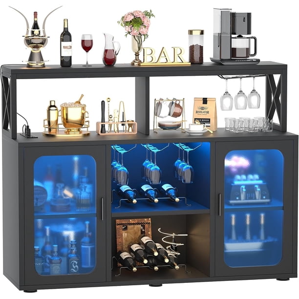 Clóset no Empotrado para Barra de Vino, con 2 Botelleros, 4 Portavasos para Copas de Vino y luz LED