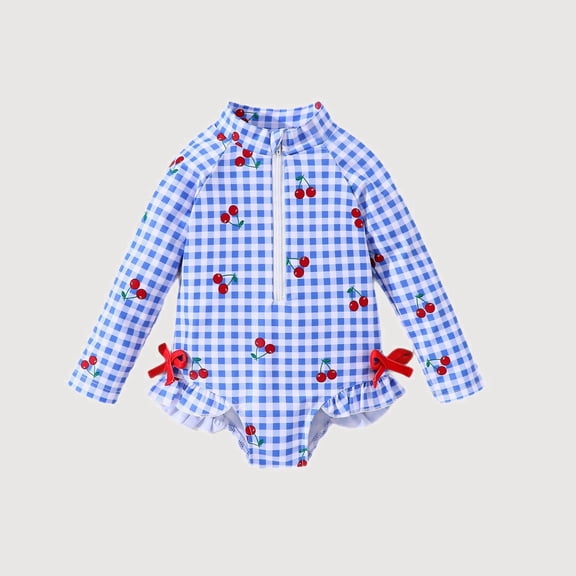 Gyujnb Plaid Cherry Print Long Sleeve One-Piece Swimsuit with Ribbon for Summer Beach (Baby),6-9 Months