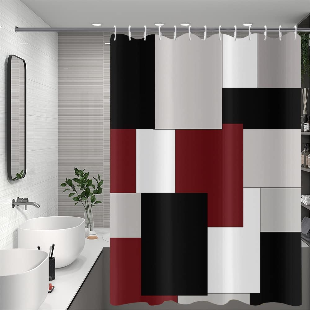 Burgundy Geometric Shower Curtain, Burgundy Grey Black Geometric Shower Curtain Contemporary Bathroom Curtain Bathtub Home Decor Waterproof Fabric Machine Washable with 12 Hooks