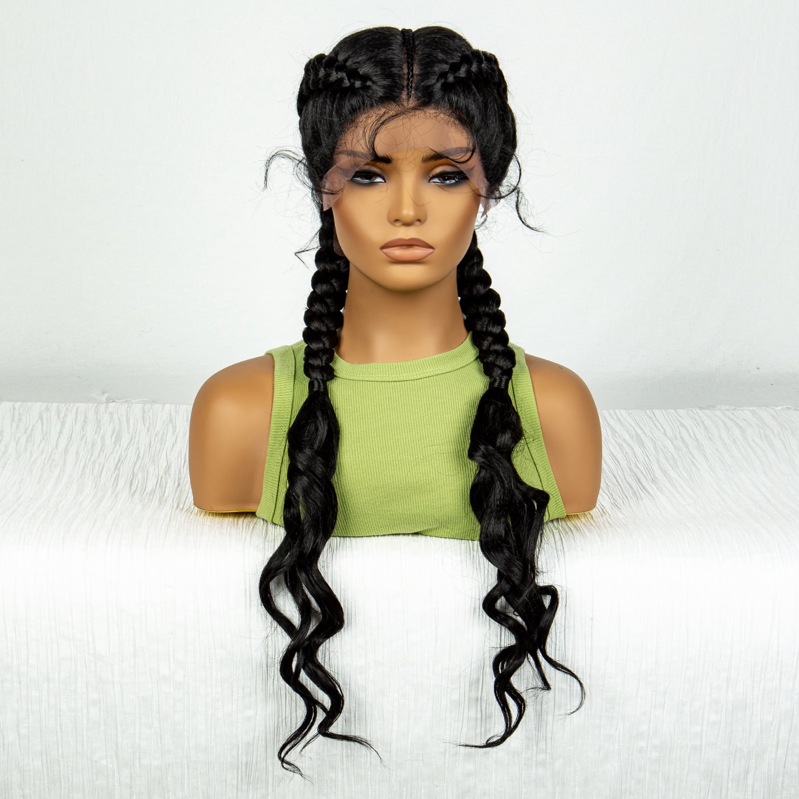 Synthetic Braided Wigs with Curly Wave for Women Lace Frontal Twist Braids Wig with Baby Hair for Girls 30 Inches (1B Color)