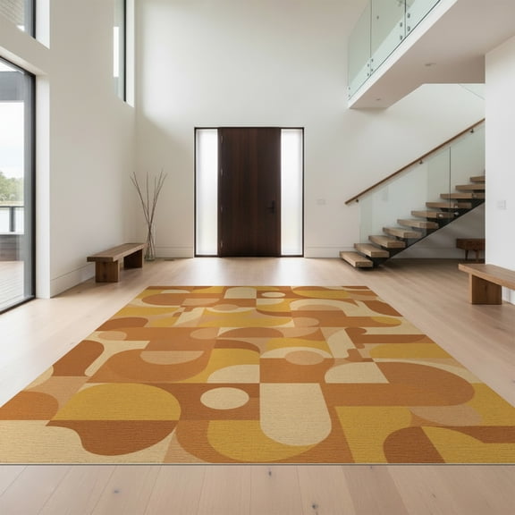 Design&I 8'x10' Washable Area Rug Terracotta Burnt Orange Mustard Mid Century Freeform Boho Midcentury for Dining Room, Large Office, Lounge, Snag-Free