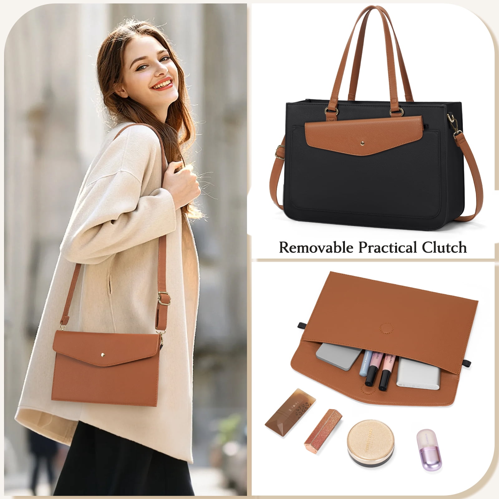 RAINSMORE Women's Handbag 15.6 Inch Leather Tote Bags Waterproof Laptop Briefcase Office Business Work Travel Handbag for College Teacher
