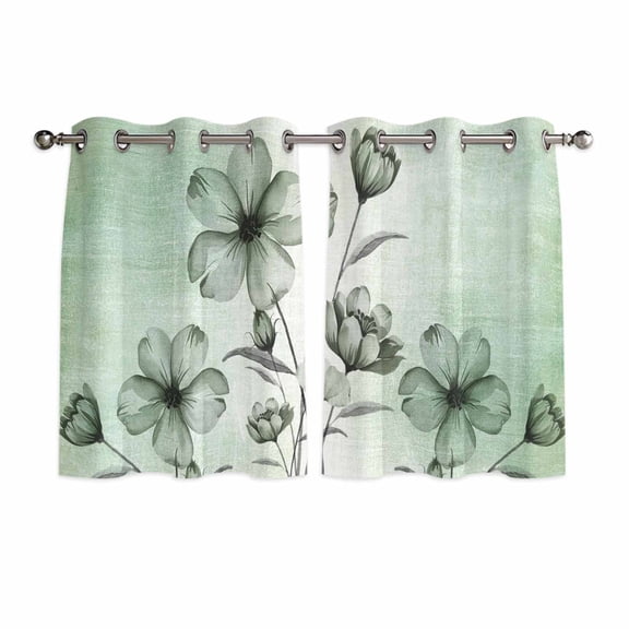 Green Floral Kitchen Curtains Short 54 Inch Length, Country Rustic Ombre Painting Art Watercolor Grommet Top Bedroom Living Room Curtains, Light Filtering Cafe Curtain Drapes 2 Panels Set 84''x54''