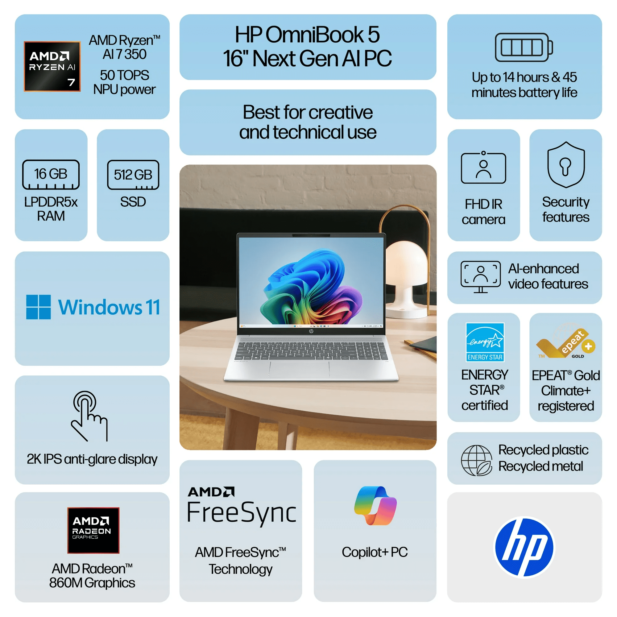 HP Omnibook 5 16" 2K Laptop - AMD Ryzen AI 7 350 Beat i9-10880H -16GB LPDDR5xRAM - 512GB SSD - Backlit keyboard - FHD Camera - Win 11 Home - Business School College - w/Accessories