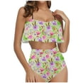 thumbnail image 2 of Women Ruffle 2 Piece Swimsuit Floral Print Bikini Suit High Waist Slimming String Strap Swimwear, Green, XL, 2 of 5