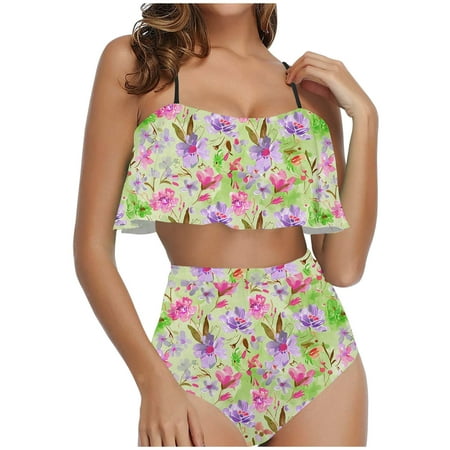TrendVibe365 Bikinis for Women One Piece Green 2 Piece Swimsuits High Waist Thong Adjustable Shoulder Strap Ruffles Bandeau Bathing Suits Floral Swimwear Beachwear XL