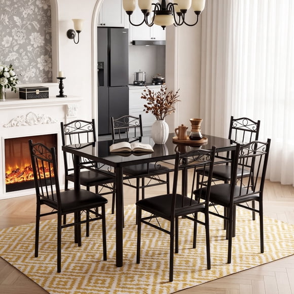 Juego de Comedor 4 Sillas y Mesa Rectangular Color Negro Diseño Moderno Estructura de Metal para Hogar