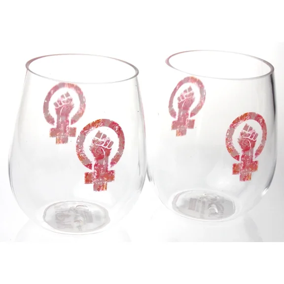 She Pwr Lot 2 Acrylic Stemless Wine Glasses 15 Oz Clear Pink Hand Cross Logo Set