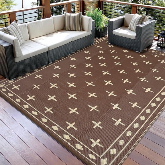 Geometric Outdoor Rug 9x12, Reversible Waterproof Plastic Straw Area Mat for Patio, RV Awning, Garden, Deck, Balcony, Camping and Beach,Brown Coffee