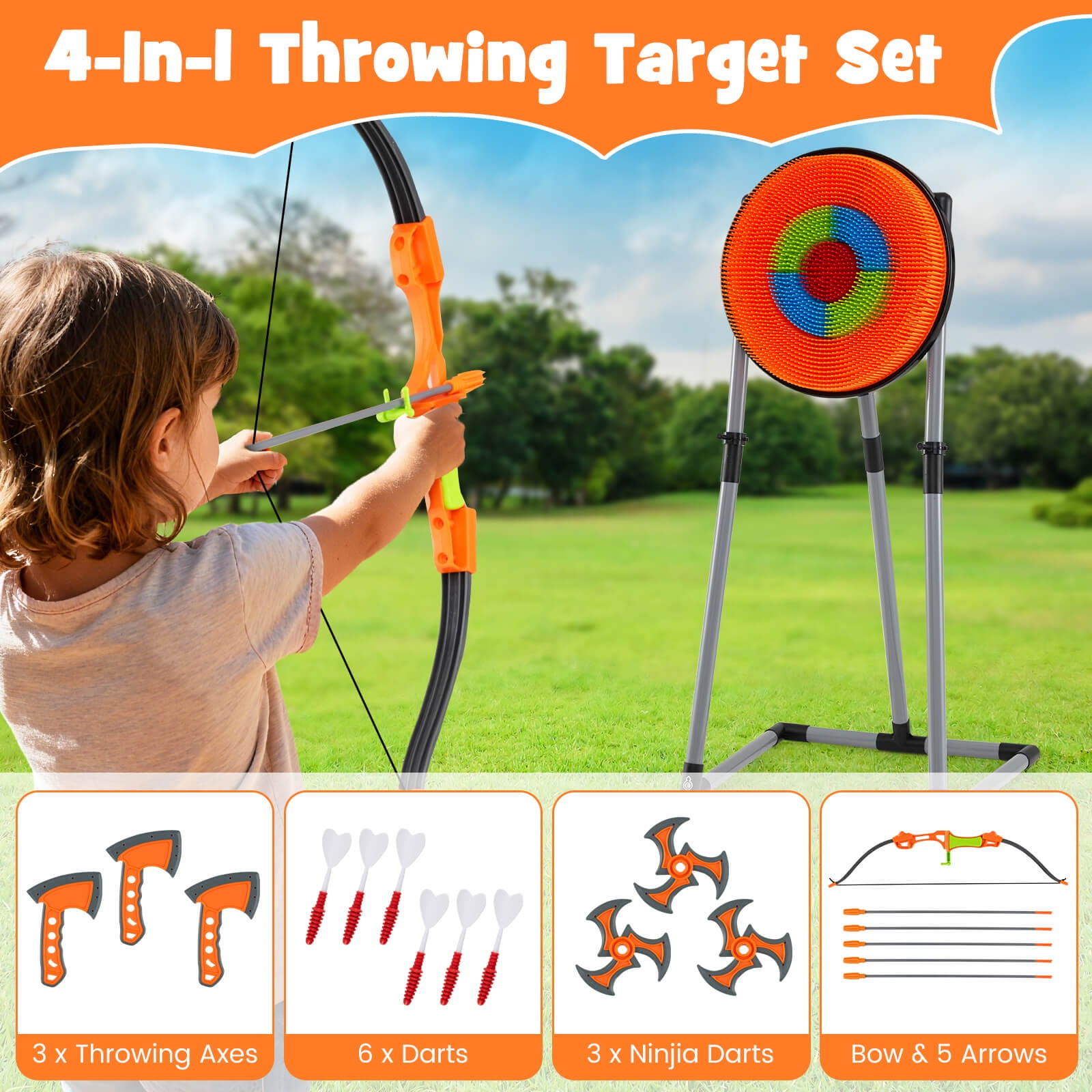 Costway 4 in 1 Throwing Target Set with Bristle Target, 3 Throwing axes 3 Ninja Darts a Bow