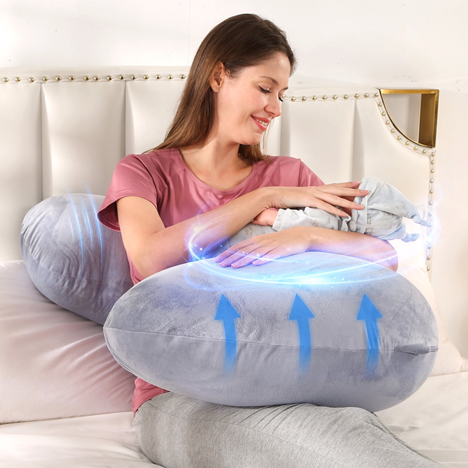 BATTOP Pregnancy Pillow for Side Sleeping, Soft J Shaped Maternity Body Pillows for Pregnancy with Removable Cover, Support for Back, Hips, Legs, Belly for Pregnant Women, Gray