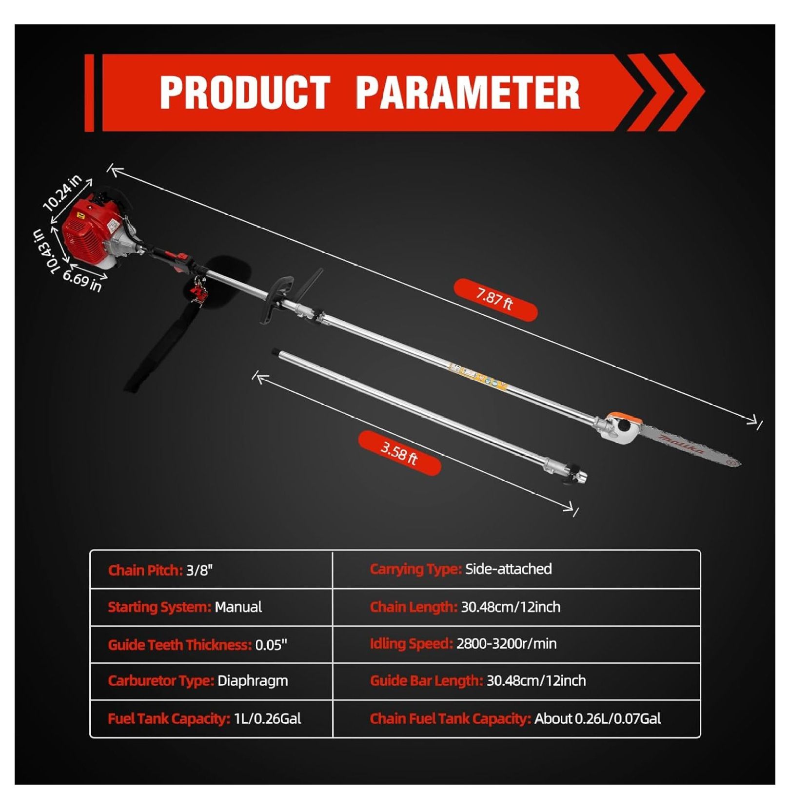 42.7CC 2 Stroke Pole Saw Gas Powered Pruner Chainsaw with Extension ...