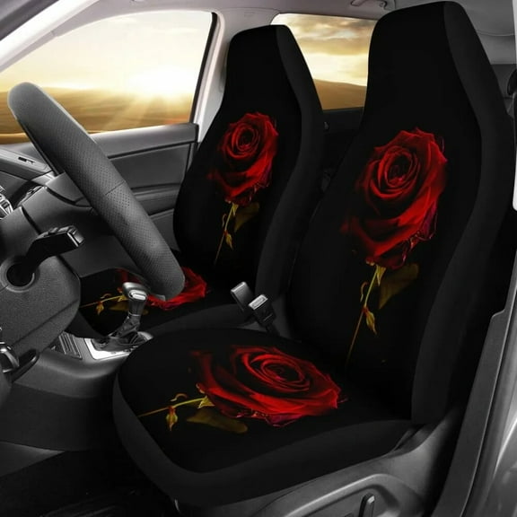 Black with Red Rose Blooming Car Seat Covers 210402 Pack of 2 Universal Front Seat Protective Cover