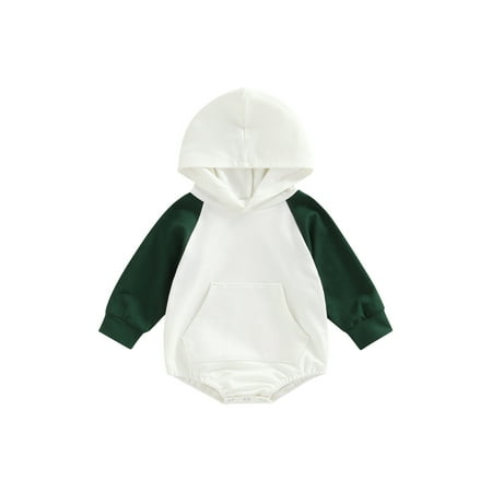 

Calsunbaby Newborn Infant Boy Girl Long Sleeve Romper Contrast Color Front Kangaroo Pocket Snap Crotch Hooded Patchwork Jumpsuit