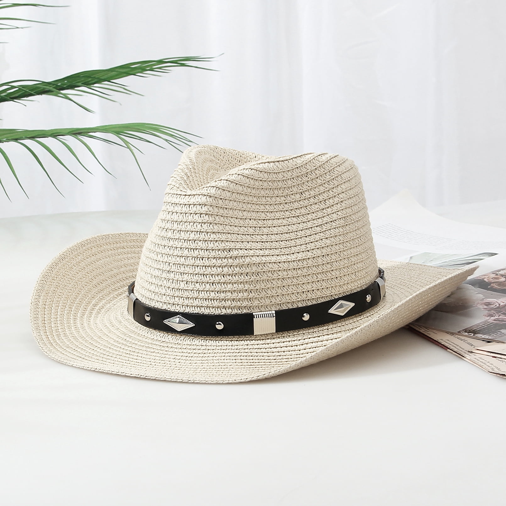 1124 Straw Cowboy Hat For Women Men Western Sun Wide Brim Summer Belt Straw Cowboy Hat for Women Men Western Sun Hat Wide Brim  main image 2