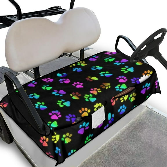Renewold Paw Print Colorful Golf Cart Seat Cover with Pockets Soft Breathable Puppy Dog Cat Footprint Golf Cart Towel Blanket Fits for EZGO Yamaha Club Cars and More 2 Person Seats