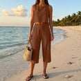 thumbnail image 7 of Women's 2-Piece Linen-Look Lounge Set, Sleeveless Crop Top with High Waist Drawstring Capri Pants, Summer Casual Beach Vacation Outfit Coffee L, 7 of 7