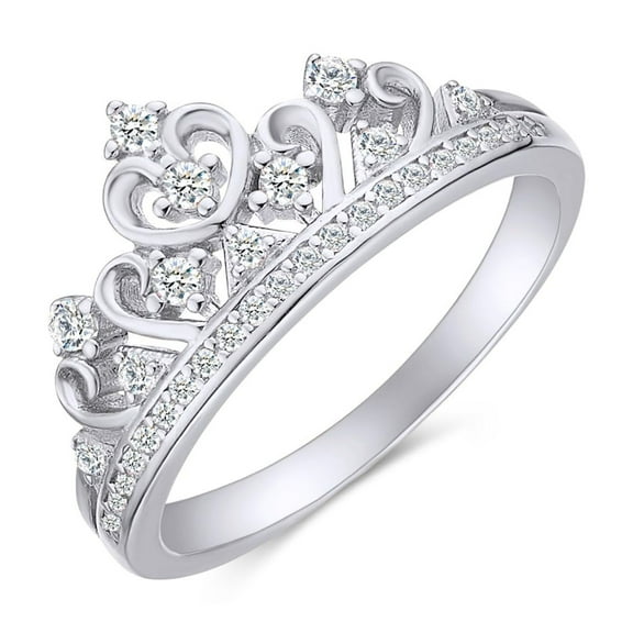 AFFY Round Cut Created Moissanite Princess Crown Ring in 14k White Gold Over Sterling Silver Gift For Her, Size -4