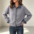 thumbnail image 5 of Fengqque Women’s Denim Collar Button Down Cardigan Sweaters Long Sleeve Cuffed Denim Trim Loose Fit Outerwear Tops Gray Free Size, 5 of 6