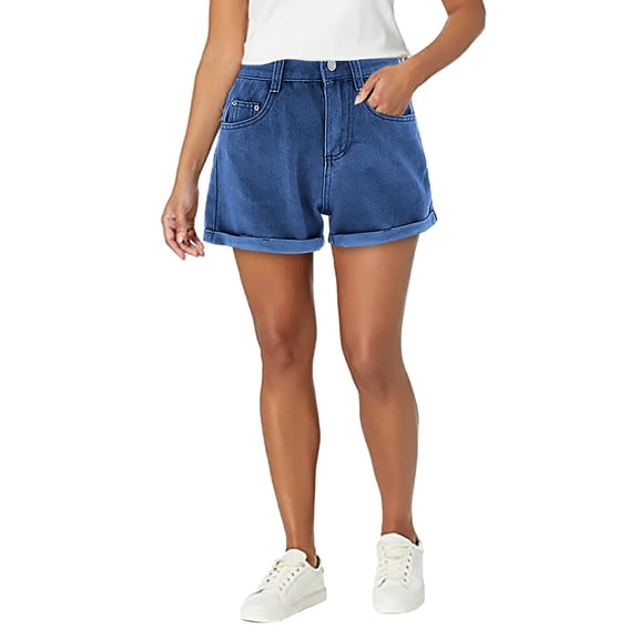 Conairie Jean Shorts Womens Baggy Frayed Raw Hem Stretchy High Waisted Denim Shorts Vintage Washed Summer Trousers with Pockets Dark Blue L