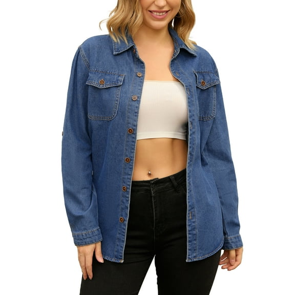 INSPIRE CHIC Women's Denim Long Sleeve Button Down with Pockets Jean Jacket Shirts S Blue