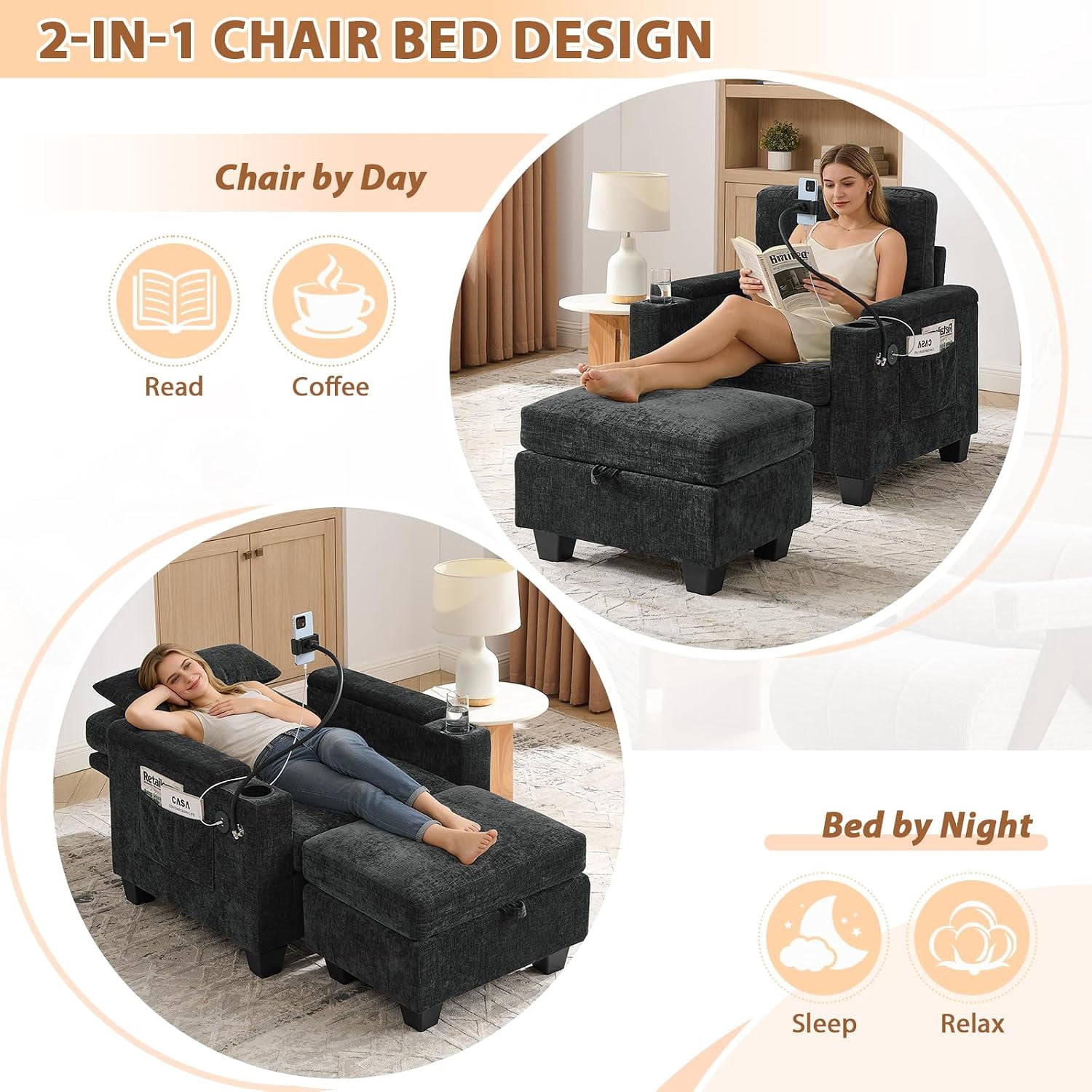 MOONMISS Oversized Chaise Lounge Chair Indoor, Single Convertible Recliner Reading Arm Sofa Chair W/Adjustable Backrest & Charging Port Couch Bed for Living Room, Home Theater & Bedroom,Black