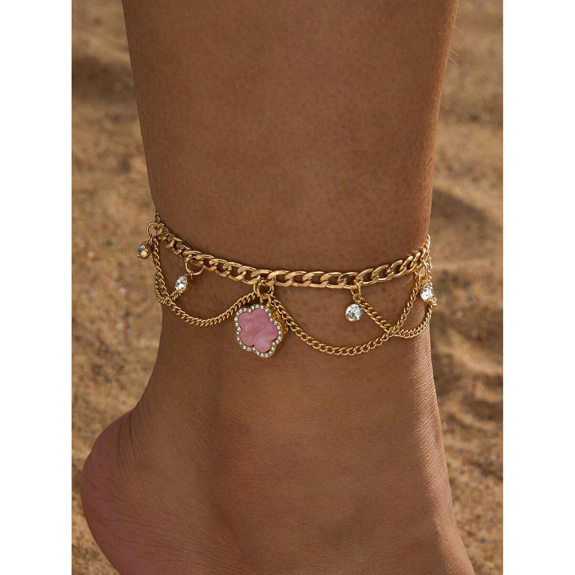 Multilayer Goldtone Anklet With Pink-2 Floral Charm And Crystal Accents