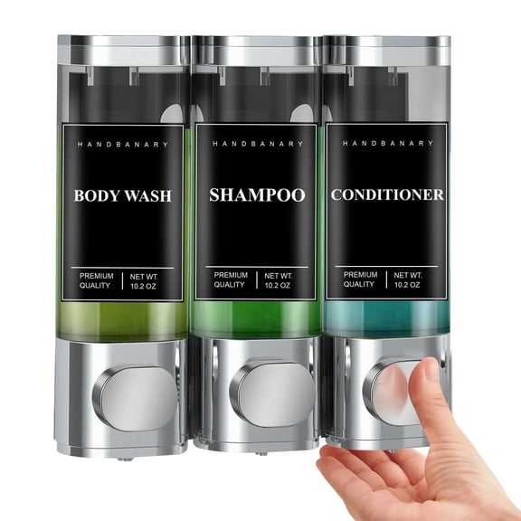 Demine Shampoo and Conditioner Dispenser, Shower Soap Dispenser 3 Chamber No Drill with Waterproof Labels, Wall Mounted Soap Dispenser for Bathroom (Silver)