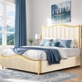 thumbnail image 5 of Wooflex - Modern Queen Size Bed Frame, Elegance Velvet Upholstery, Golden Plating Trim, High Headboard Design, Sturdy Wood Slat Construction, Easy Assembly, Beige, 5 of 7
