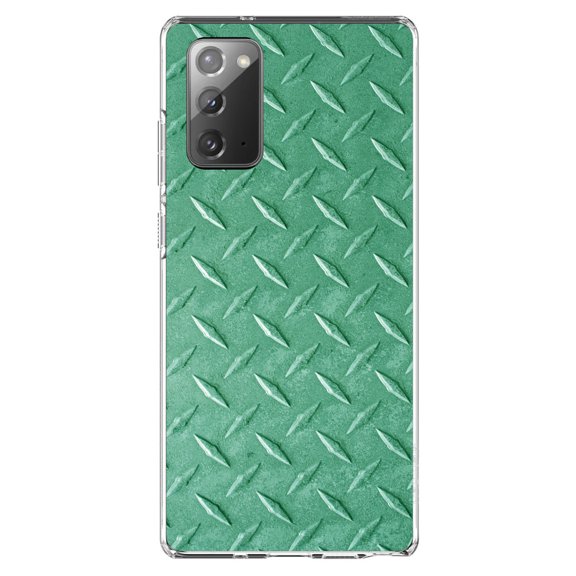 DistinctInk Clear Shockproof Hybrid Case for Samsung Galaxy Note 20 (6.7" Screen) - TPU Bumper, Acrylic Back, Tempered Glass Screen Protector - Green Diamond Plate Steel Image - Printed Diamond Plate