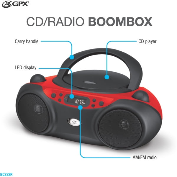 GPX CD Boombox, AM/FM, LED Display, BC232R, Red