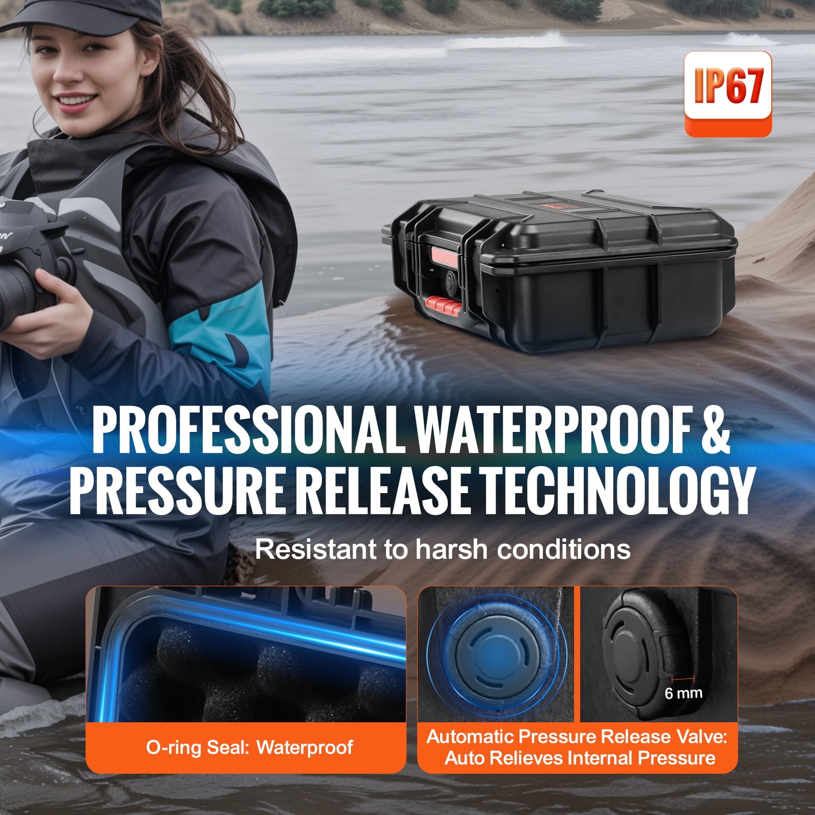 VEVOR Weatherproof Hard Case, Heavy Duty Protective Dry Box Case with Pre-cut Foam, and Retractable Pull Handles for Travel, Hunting, Military, Tactical, IP67 Waterproof Case for Cameras (40x32x16.6)