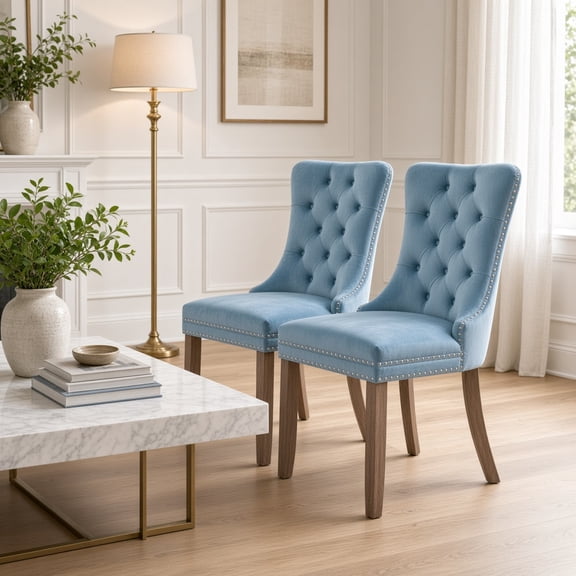 Classic Velvet Dining Chairs Set of 2, Tufted Button Upholstered Side Chairs with Solid Wood Legs & Nailhead Trim, High Back Contemporary Seating for Dining Room, Light blue