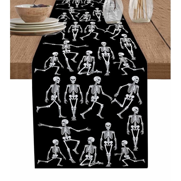 Halloween Burlap Cotton Table Runner 13x120 Inches Long, Funny Skeleton Spooky Scary Skull Black Farmhouse Table Runners, Outdoor Dining Tablecloths Decor for Baby Shower/Party/Wedding