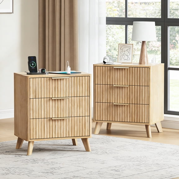 3 Drawer Nightstand Set of 2, Farmhouse Nightstand with Charging Station, 23.6" Wide Fluted Bedside Table, Mid Century End Table for Bedroom, Oak