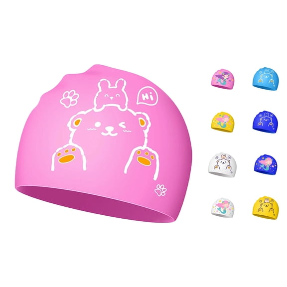 PMVFHDE Soft Silicone Cute Cartoon Swim Cap With Ear Protection For Kids Swimming Wading Ages 5-12