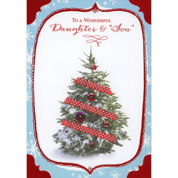 Designer Greetings Tree with 3D Red Polka Dotted Ribbon Garland and Sequins Hand Decorated Christmas Card for Daughter and 'Son'